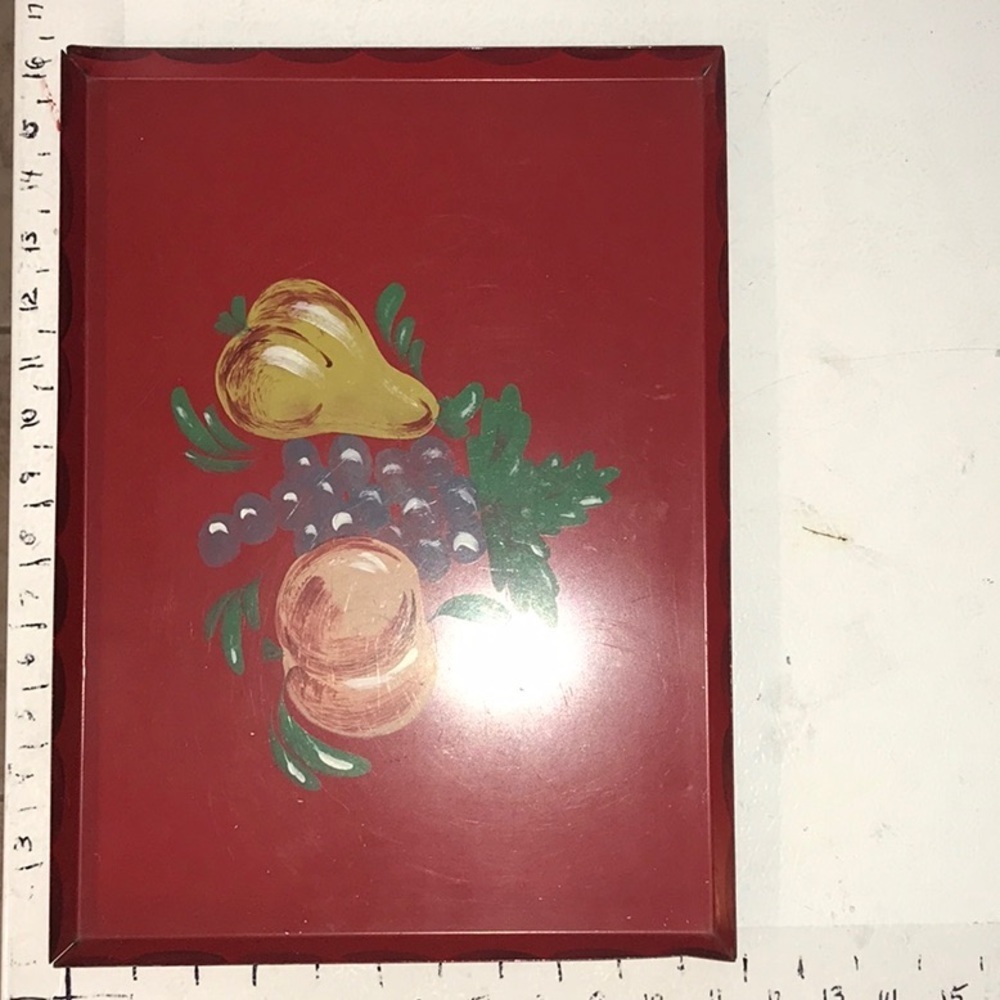 Toleware Tray VTG Painted Fruit on Red Tray Decorative Still Life Hand Painted
